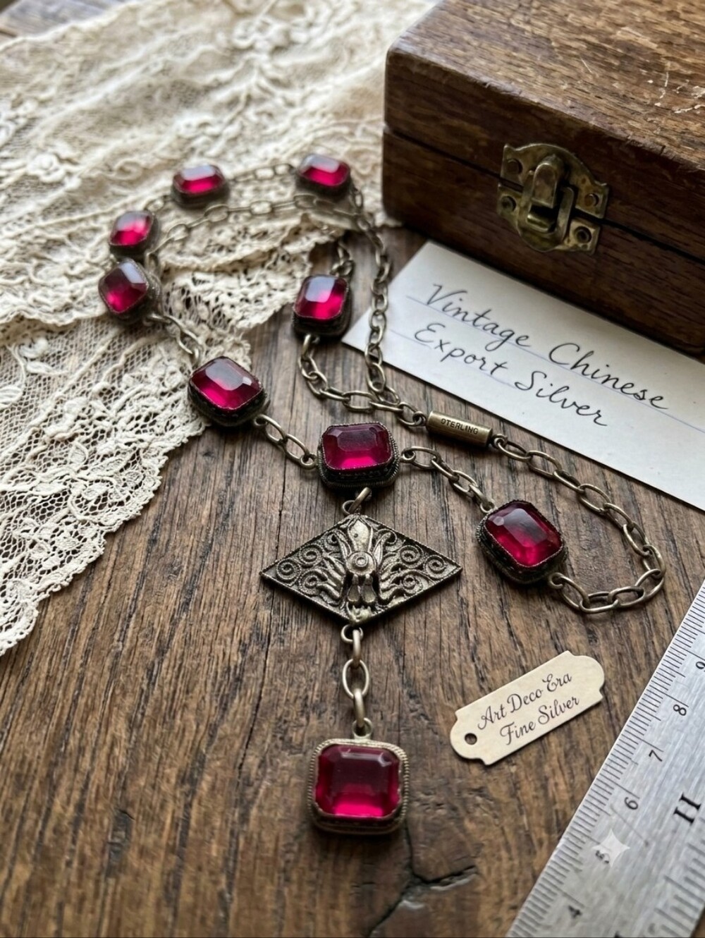 🌙Antique Chinese Export Sterling Silver Y Drop Necklace Red Glass Republic Era